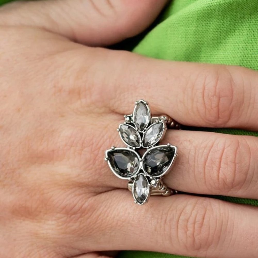 Ring, Silver, marquise gems, Hematite